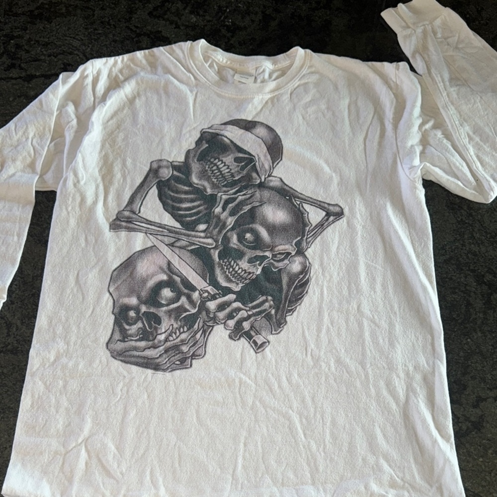 White Skull Graphic Long Sleeve Shirt. See no evil hear no evil speak no evil.